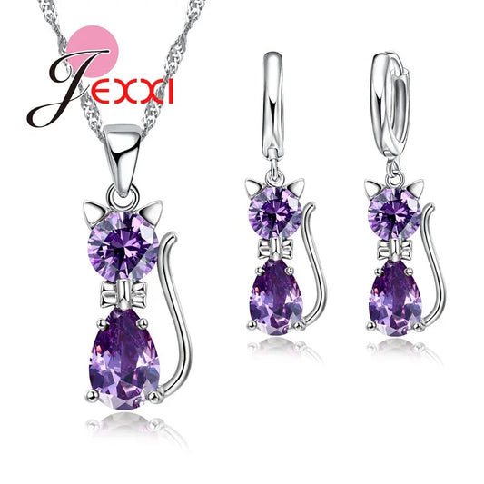 Lovely White Purple Pink Yellow Cubic Zirconia Cat Shape Pendant Necklace Earrings Set for Women 925 Sterling Silver Jewelry Set