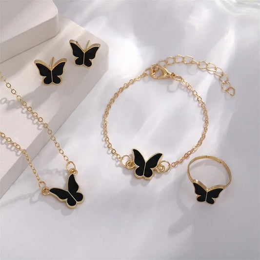 Fashion Butterfly Jewelry Set Acrylic Romantic Bracelet Ring Necklace Earring Set for Women Wedding Party New Year Festival Gift